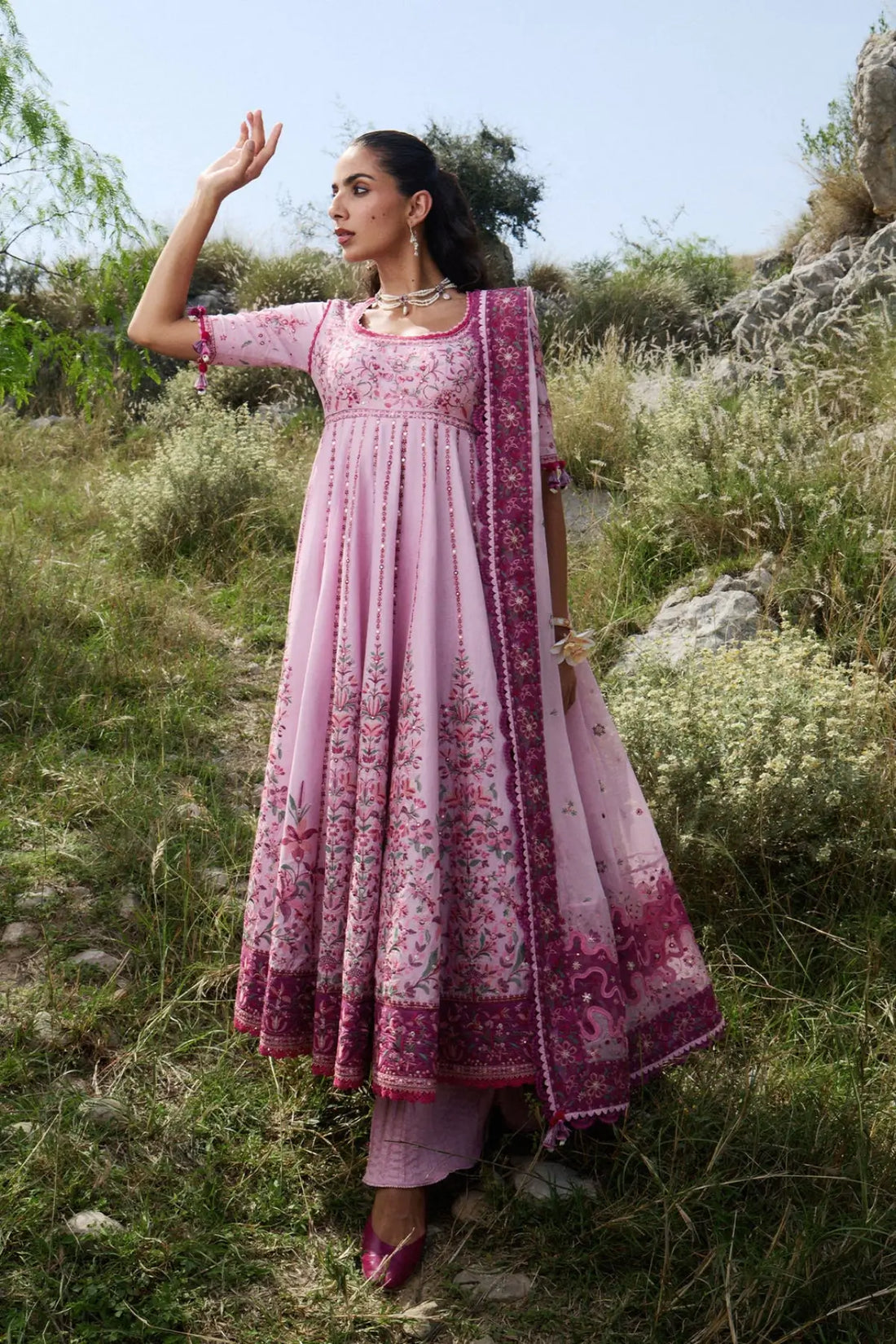 Marjan Hussain Rehar Pink Lawn Stitched Pishwas with Sharara and Chiffon Dupatta