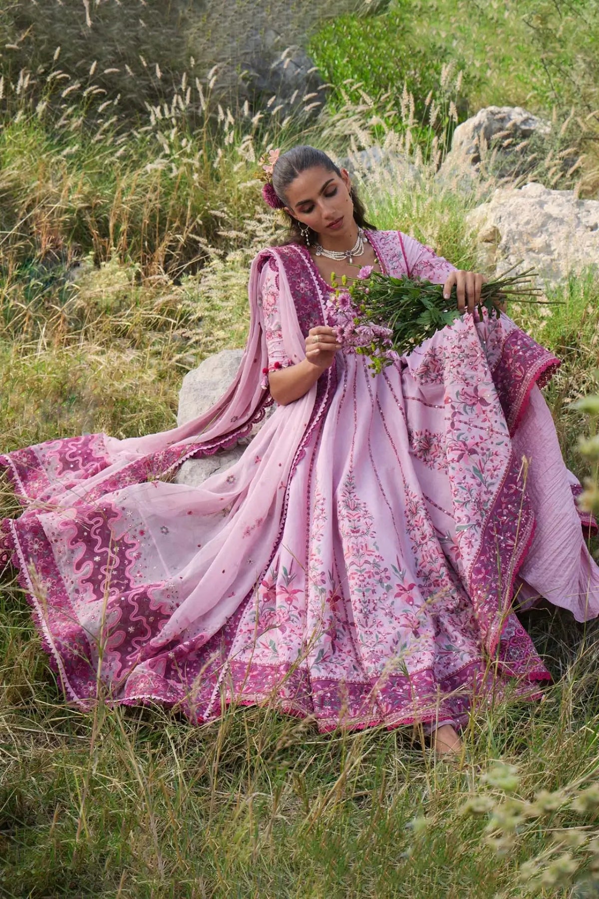 Marjan Hussain Rehar Pink Lawn Stitched Pishwas with Sharara and Chiffon Dupatta