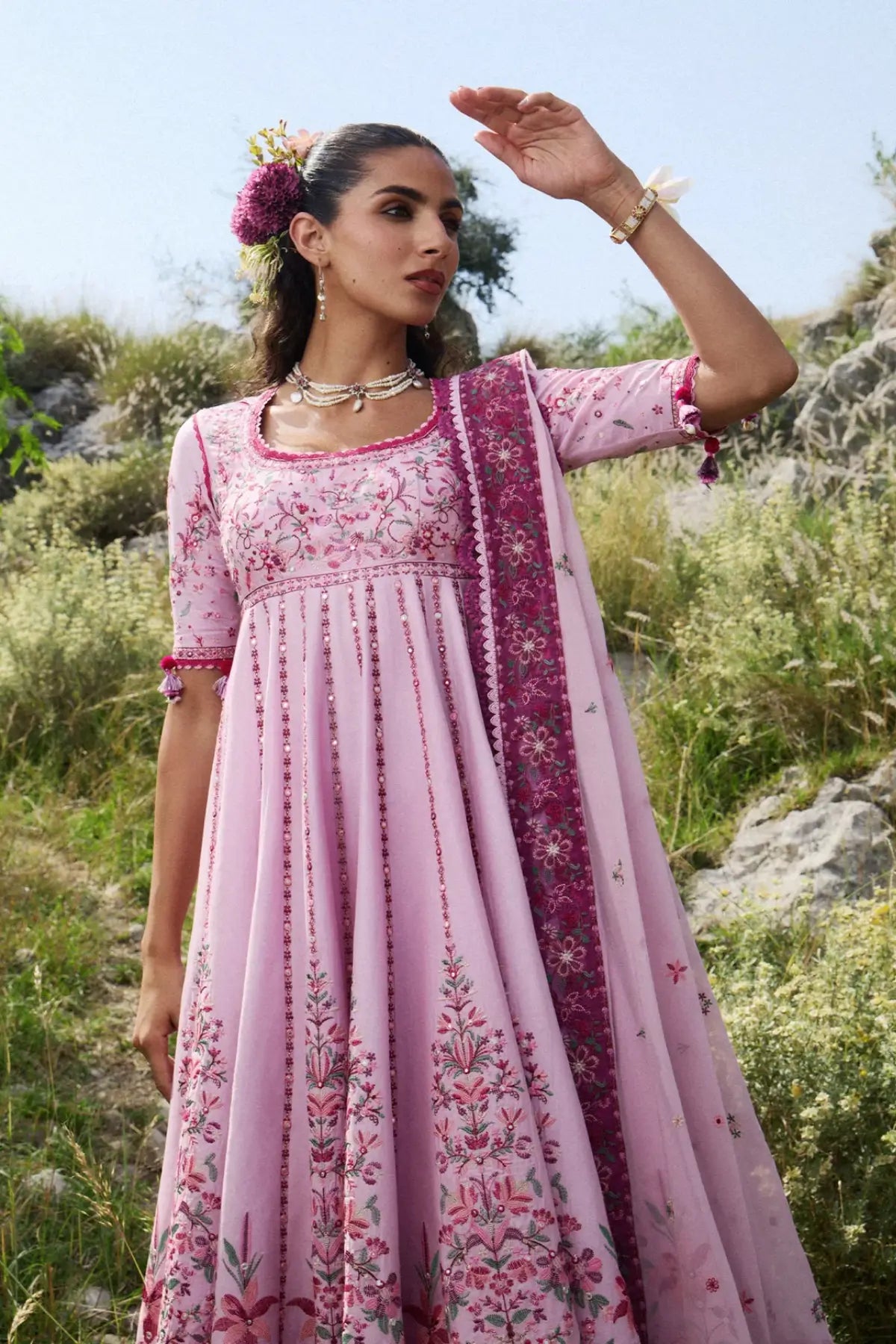Marjan Hussain Rehar Pink Lawn Stitched Pishwas with Sharara and Chiffon Dupatta