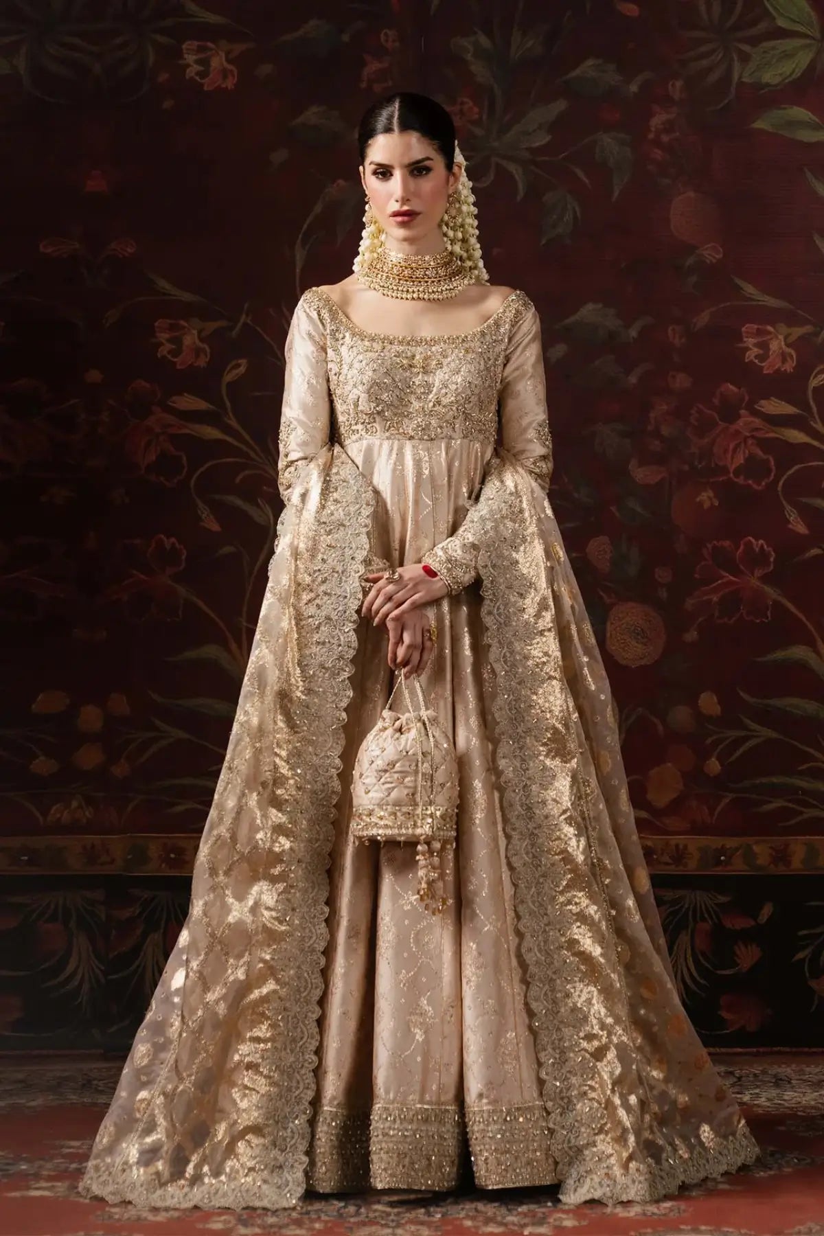 Marjan Kanwal Malik Shehnai nude tissue silk formal Pishwas with organza badla dupatta and PK churidar