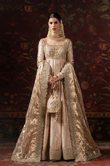 Marjan Kanwal Malik Shehnai nude tissue silk formal Pishwas with organza badla dupatta and PK churidar