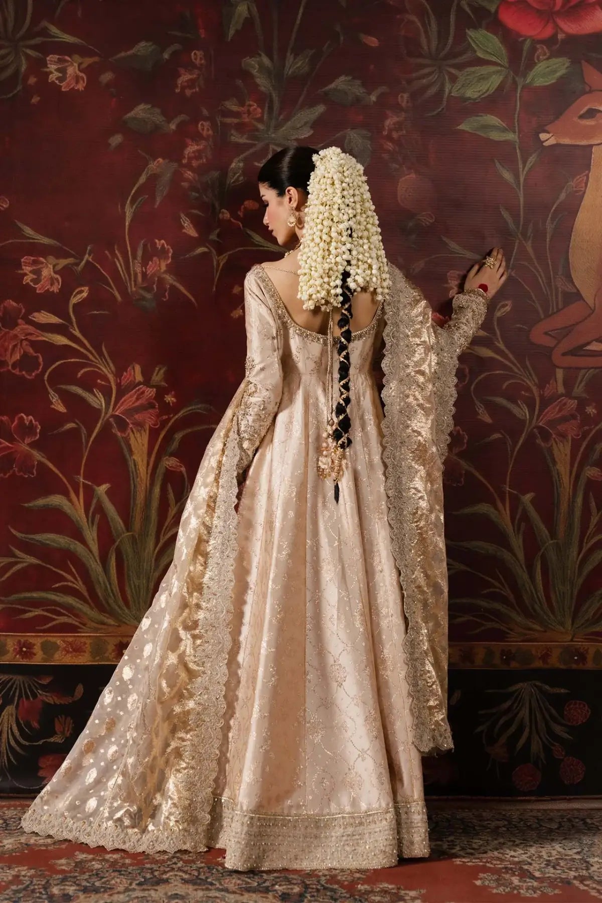 Marjan Kanwal Malik Shehnai nude tissue silk formal Pishwas with organza badla dupatta and PK churidar
