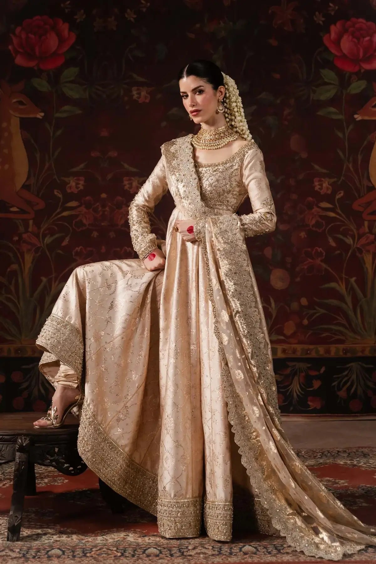 Marjan Kanwal Malik Shehnai nude tissue silk formal Pishwas with organza badla dupatta and PK churidar