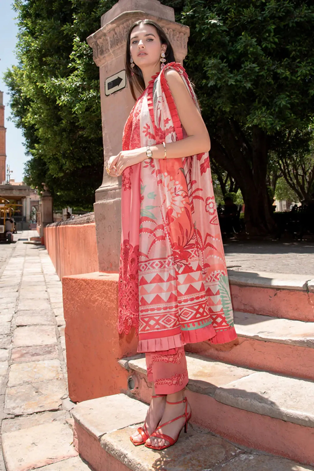 Marta coral stitched lawn 3PC suit by Mushq with silk dupatta and embroidery