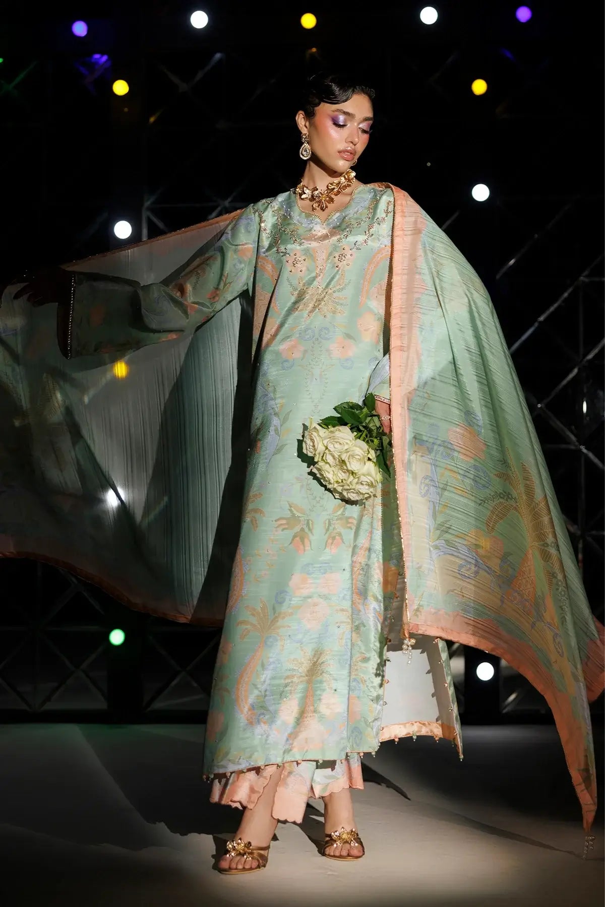 Marvelle tea green printed raw silk Eid stitched 3PC Pakistani suit with hand embellishments and printed Tusser silk dupatta