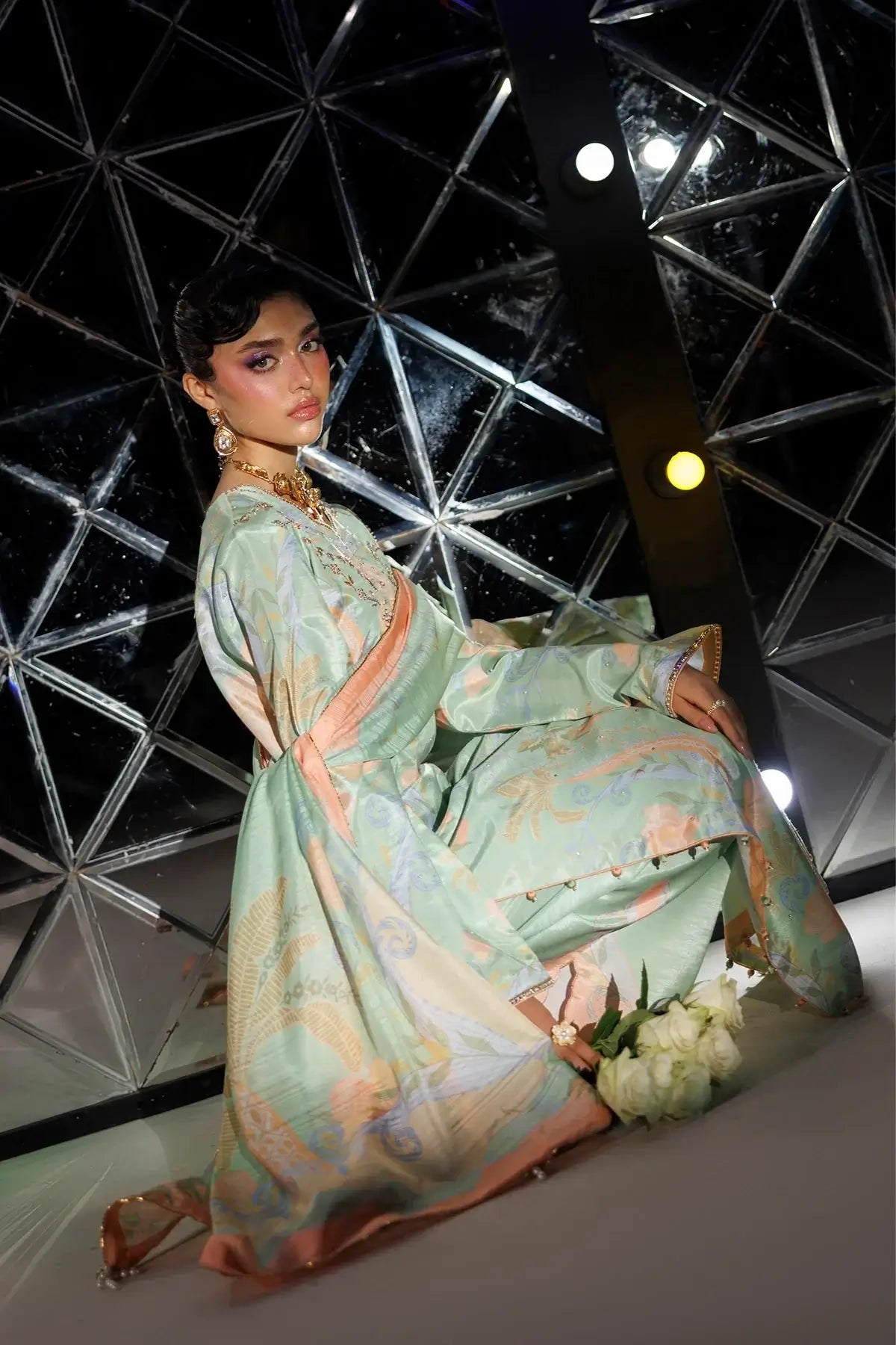 Marvelle tea green printed raw silk Eid stitched 3PC Pakistani suit with hand embellishments and printed Tusser silk dupatta