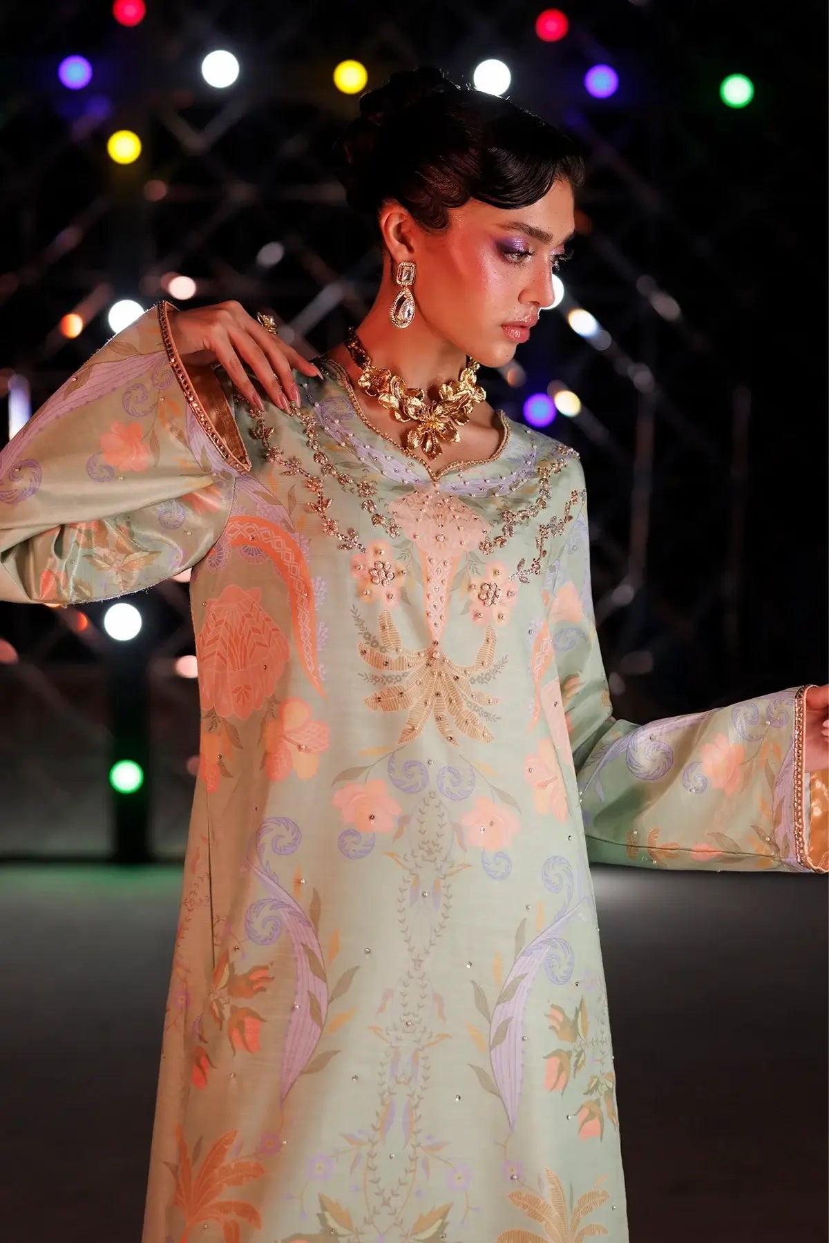 Marvelle tea green printed raw silk Eid stitched 3PC Pakistani suit with hand embellishments and printed Tusser silk dupatta