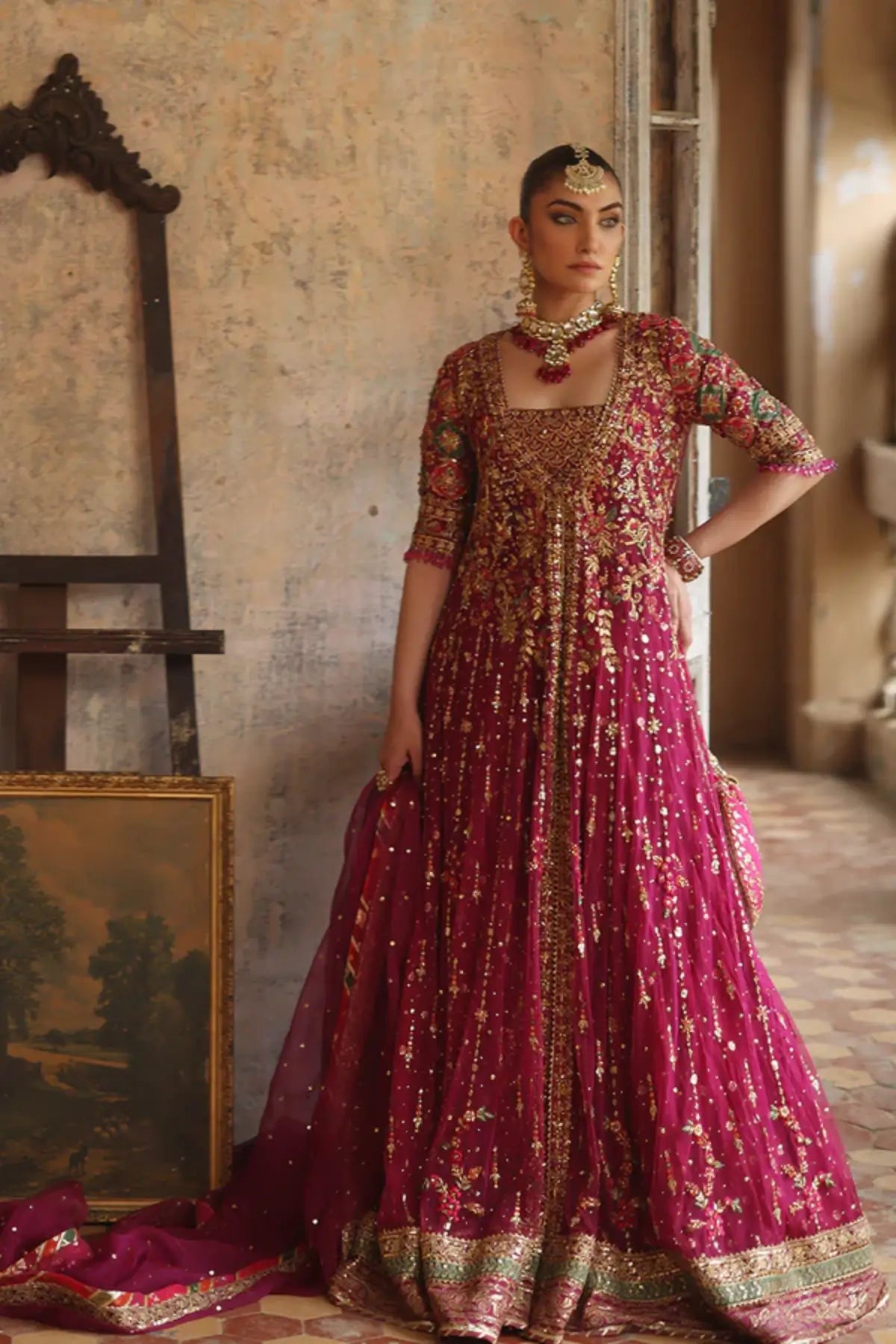 Maryam Magenta Purple Handmade Net Wedding Pishwas with Gold Floral Embellishments, Cotton Brocade Lehenga and Organza Chhan Dupatta