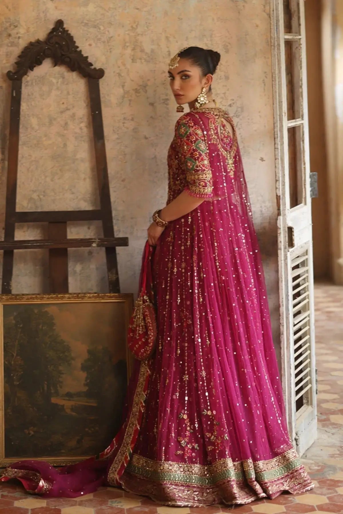 Maryam Magenta Purple Handmade Net Wedding Pishwas with Gold Floral Embellishments, Cotton Brocade Lehenga and Organza Chhan Dupatta