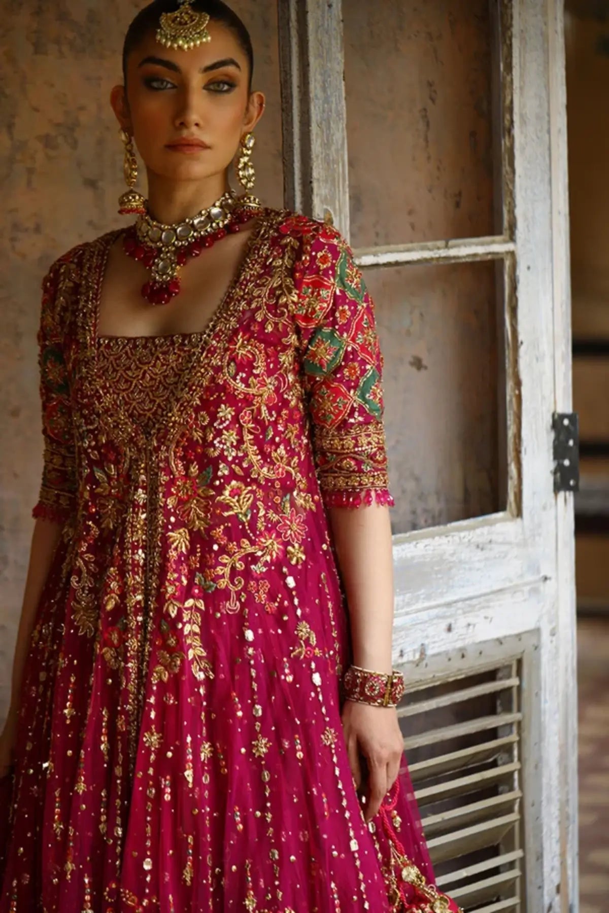 Maryam Magenta Purple Handmade Net Wedding Pishwas with Gold Floral Embellishments, Cotton Brocade Lehenga and Organza Chhan Dupatta