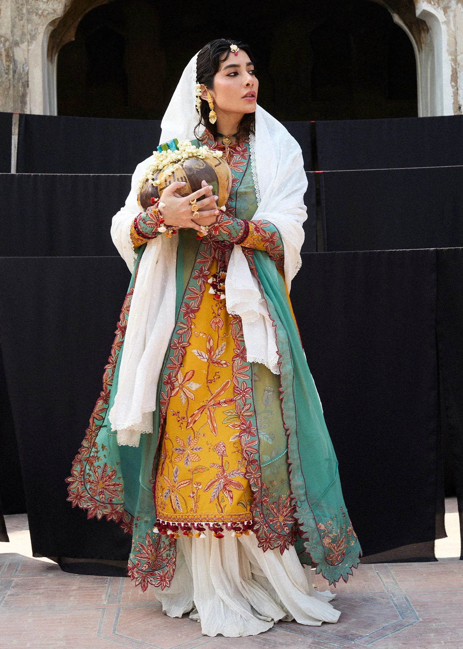 Masam-Vibrant festive lawn outfit in mustard with timeless charm by-Hussain rehar