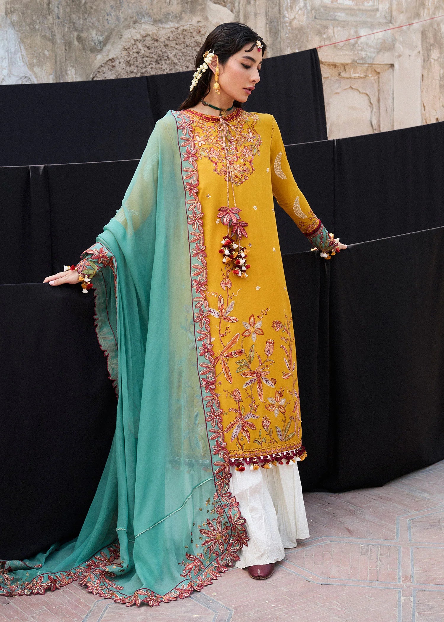 Masam-Vibrant festive lawn outfit in mustard with timeless charm by-Hussain rehar