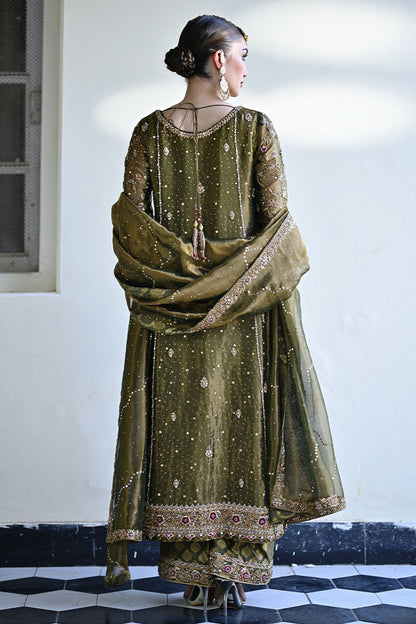 Olive and gold Pakistani occasion wear featuring a straight-cut shirt with zardozi embroidery, hand-embellished izaar, and a shimmering gold lama dupatta – perfect for wedding guests in Canada, USA, and UK.