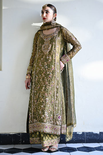 Olive and gold Pakistani occasion wear featuring a straight-cut shirt with zardozi embroidery, hand-embellished izaar, and a shimmering gold lama dupatta – perfect for wedding guests in Canada, USA, and UK.
