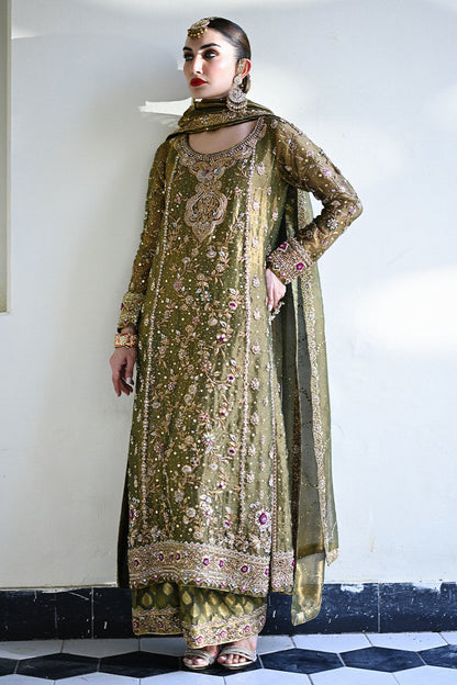 Olive and gold Pakistani occasion wear featuring a straight-cut shirt with zardozi embroidery, hand-embellished izaar, and a shimmering gold lama dupatta – perfect for wedding guests in Canada, USA, and UK.