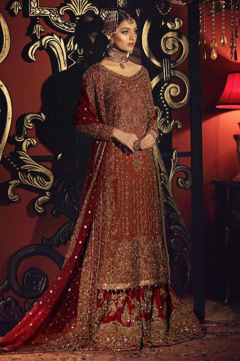 Masuma Sultan-Rust Bridal Long Shirt with Heavy Lehenga