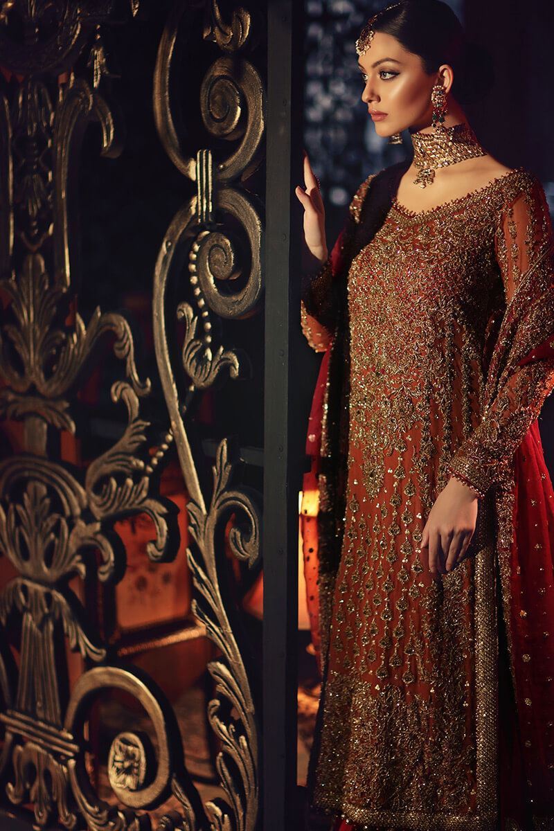 Masuma Sultan-Rust Bridal Long Shirt with Heavy Lehenga
