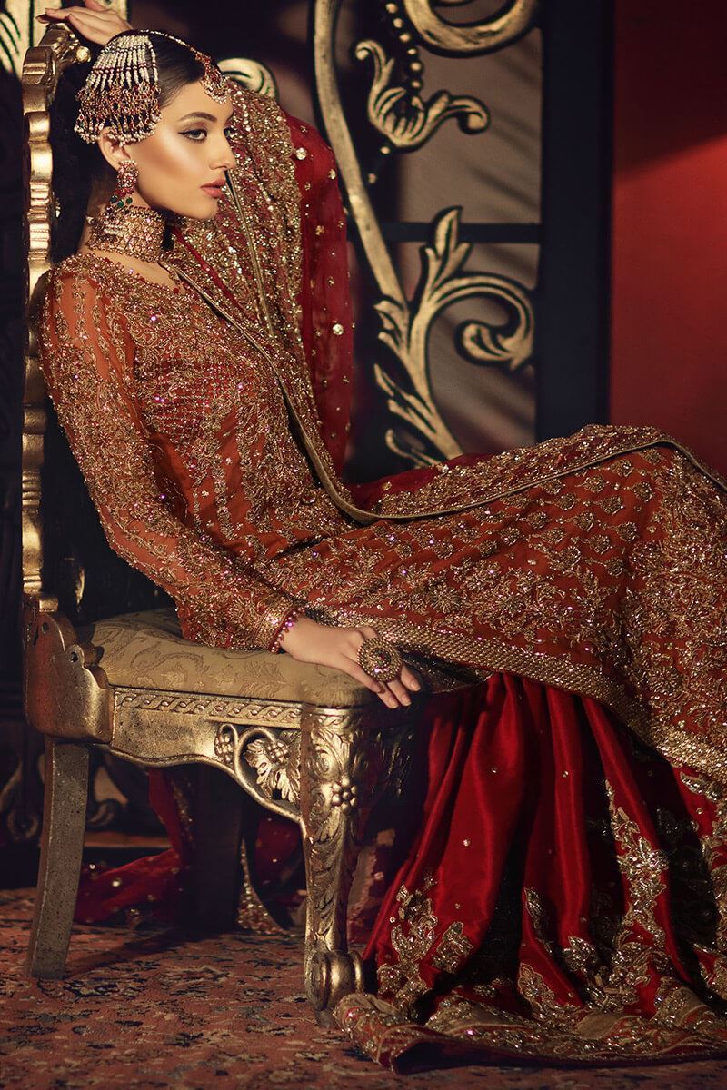 Masuma Sultan-Rust Bridal Long Shirt with Heavy Lehenga