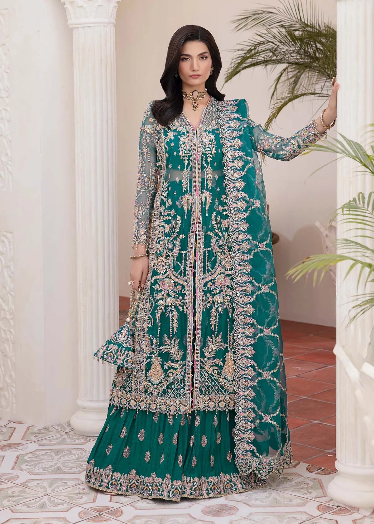 Teal embroidered Pakistani panel gown with crushed pants and embroidered dupatta – ideal for formal events and party wear in USA, UK, and Canada.
