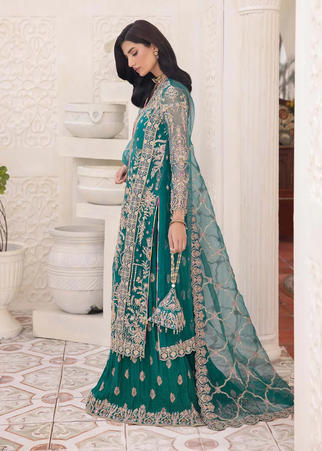 Teal embroidered Pakistani panel gown with crushed pants and embroidered dupatta – ideal for formal events and party wear in USA, UK, and Canada.