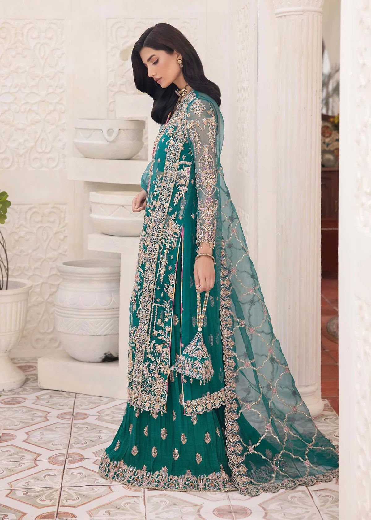Teal embroidered Pakistani panel gown with crushed pants and embroidered dupatta – ideal for formal events and party wear in USA, UK, and Canada.