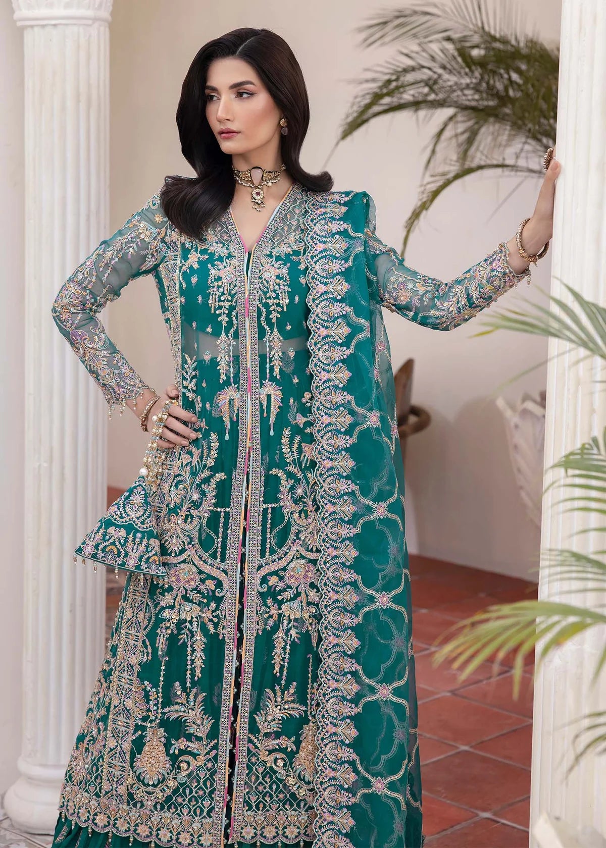 Teal embroidered Pakistani panel gown with crushed pants and embroidered dupatta – ideal for formal events and party wear in USA, UK, and Canada.