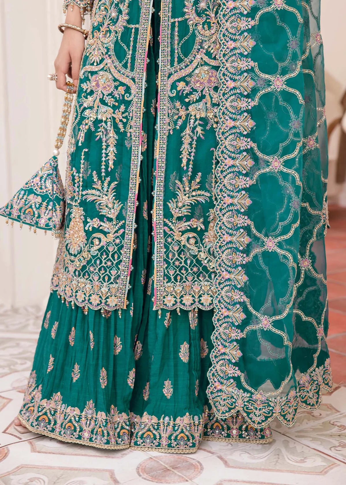 Teal embroidered Pakistani panel gown with crushed pants and embroidered dupatta – ideal for formal events and party wear in USA, UK, and Canada.