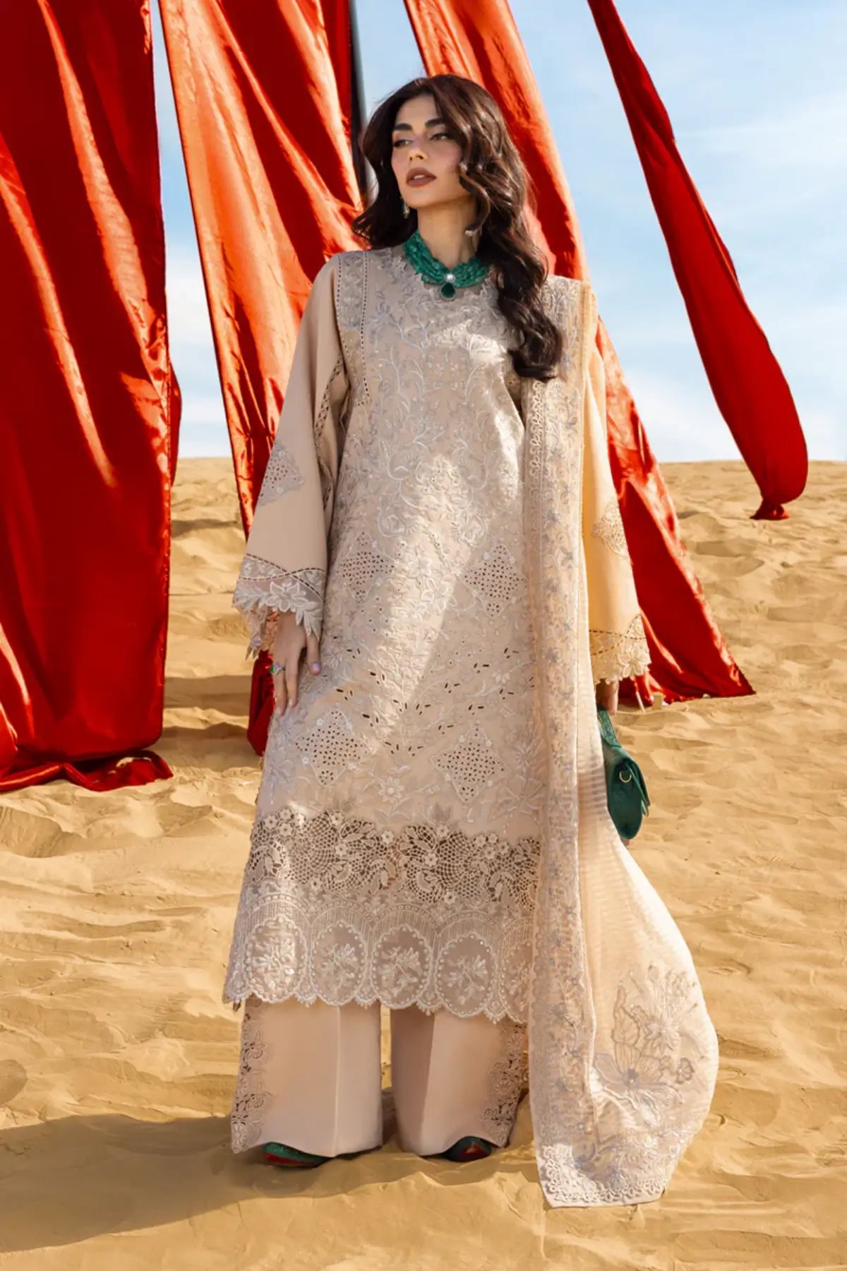 Mayel sand formal lawn stitched Pakistani suit by Rang Rasiya with textured dupatta