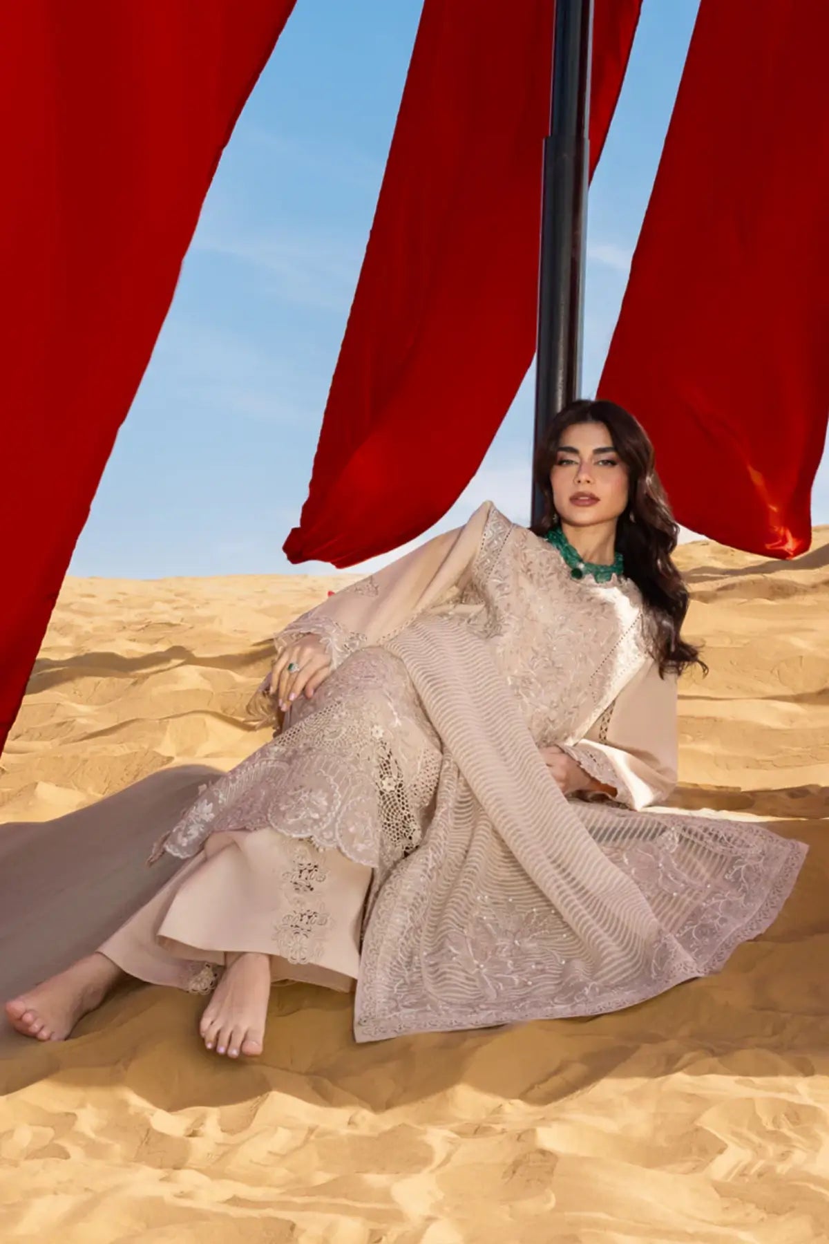 Mayel sand formal lawn stitched Pakistani suit by Rang Rasiya with textured dupatta