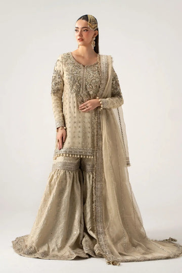 Mayrozeh gold and cream embellished gharara set with zari net shirt, jamawar gharara and dupatta by Maria B
