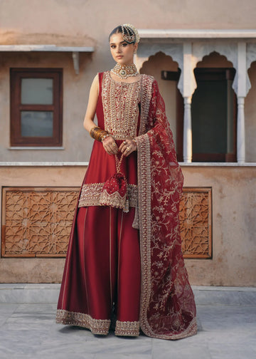 Mehek designer red Korean fabric embroidered outfit with square neckline, silk pants, and organza dupatta by Kanwal Malik from Saheli Luxury Pret Collection.
