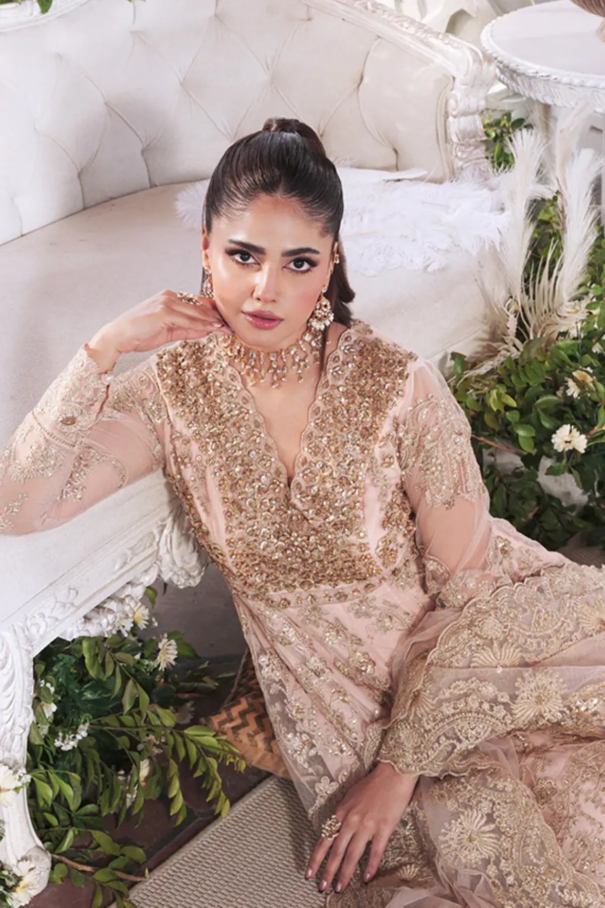 Meherbano Sajal Vol 02 peach stitched bridal outfit embroidered net Pakistanimoda.com buy online