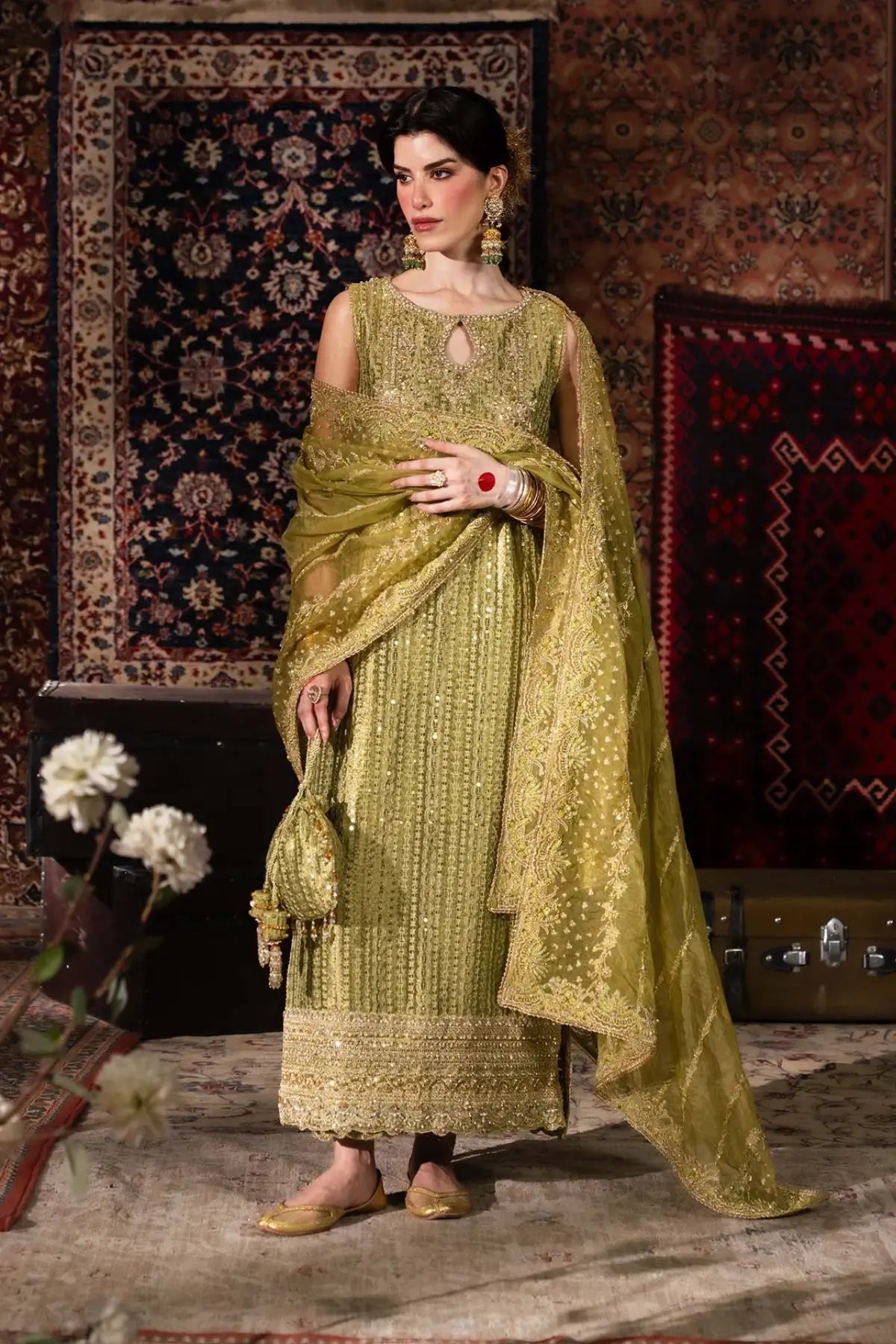 Meherbano Kanwal Malik Shehnai olive green tissue formal suit with organza dupatta and tissue culotte trousers