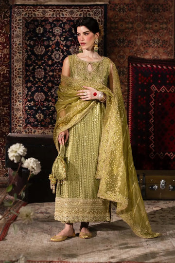 Meherbano Kanwal Malik Shehnai olive green tissue formal suit with organza dupatta and tissue culotte trousers