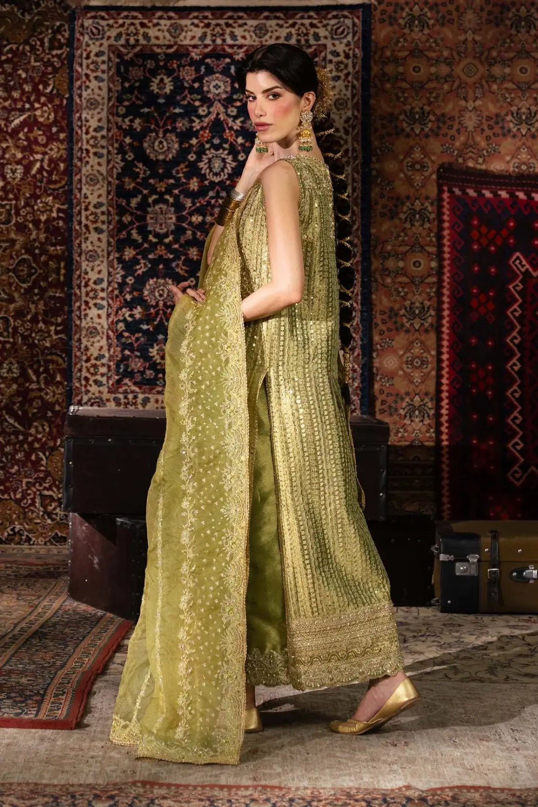 Meherbano Kanwal Malik Shehnai olive green tissue formal suit with organza dupatta and tissue culotte trousers