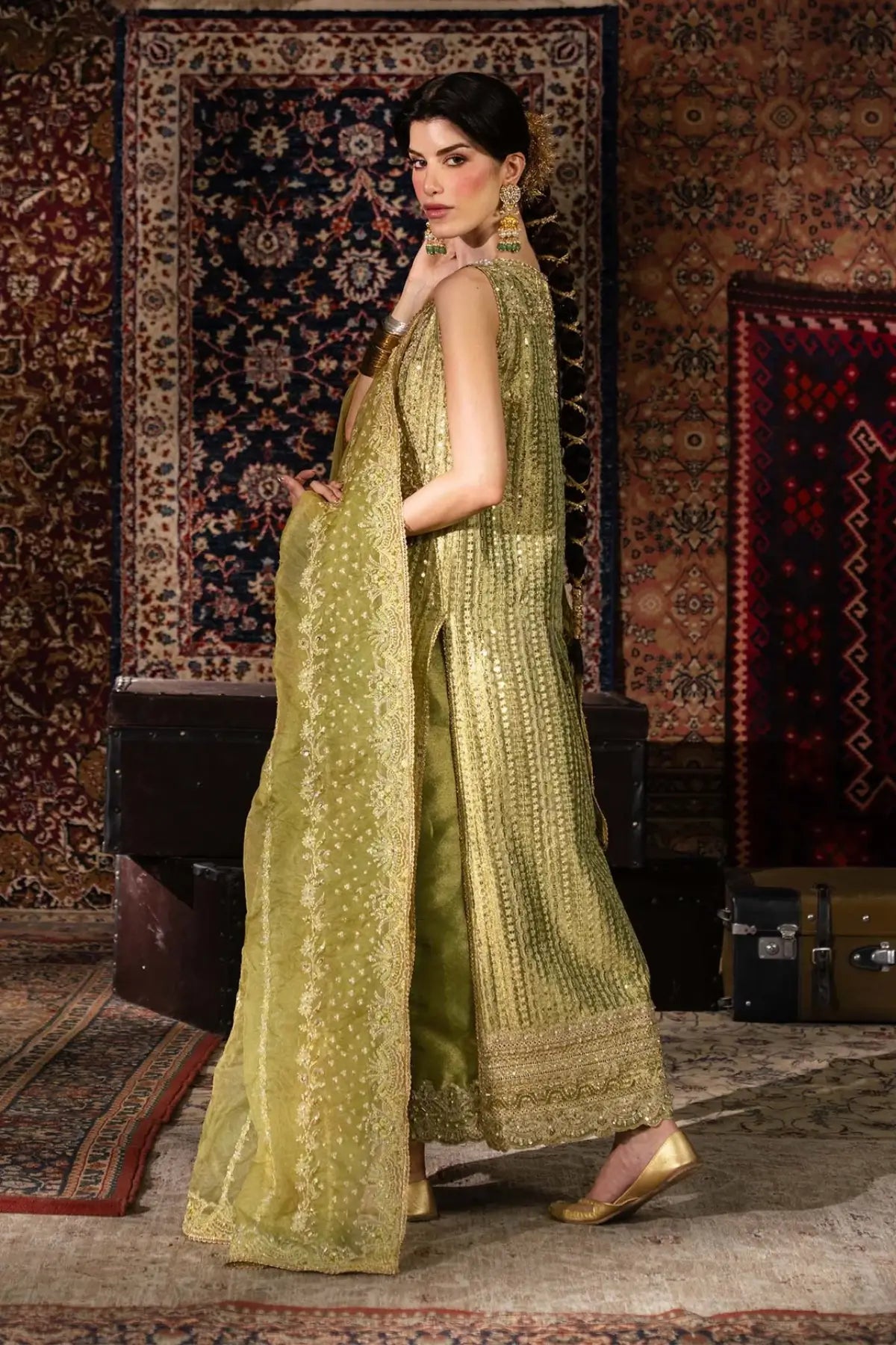 Meherbano Kanwal Malik Shehnai olive green tissue formal suit with organza dupatta and tissue culotte trousers