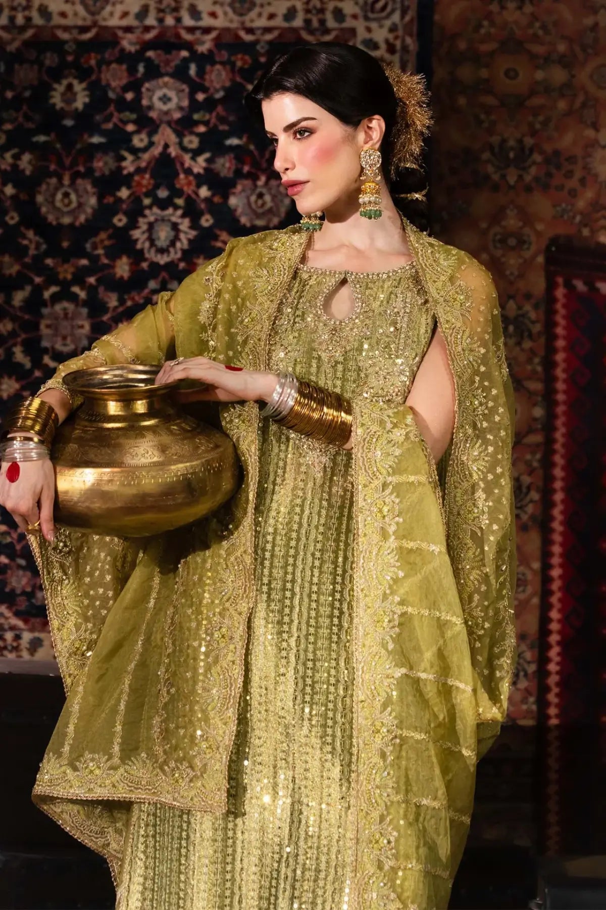 Meherbano Kanwal Malik Shehnai olive green tissue formal suit with organza dupatta and tissue culotte trousers