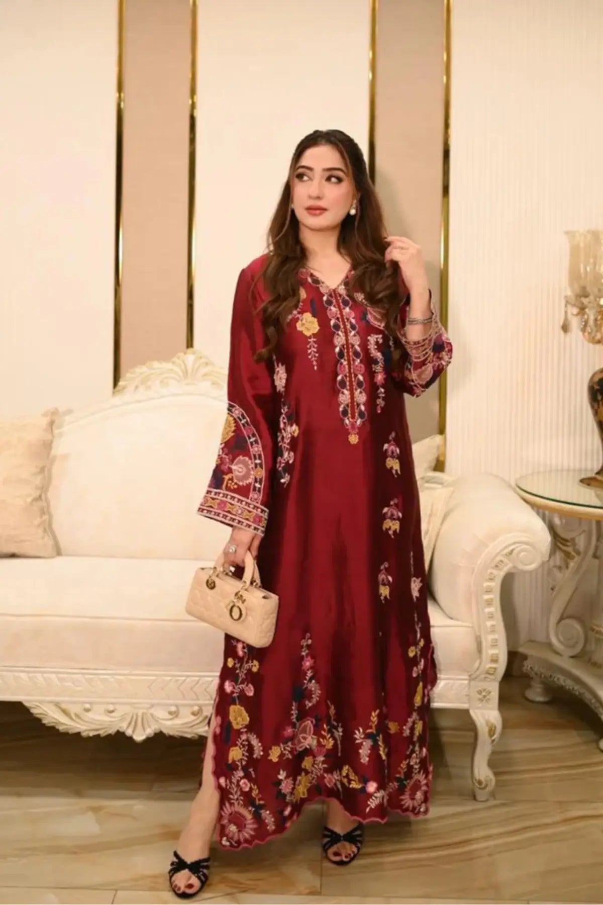 Maroon Mehmal designer kaftan in sheesha silk with 3D floral embellishment detail