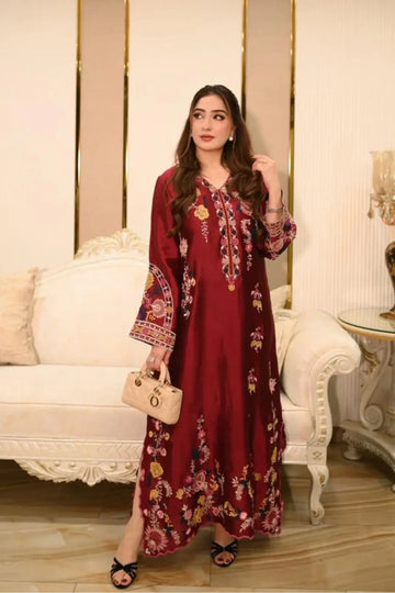 Maroon Mehmal designer kaftan in sheesha silk with 3D floral embellishment detail