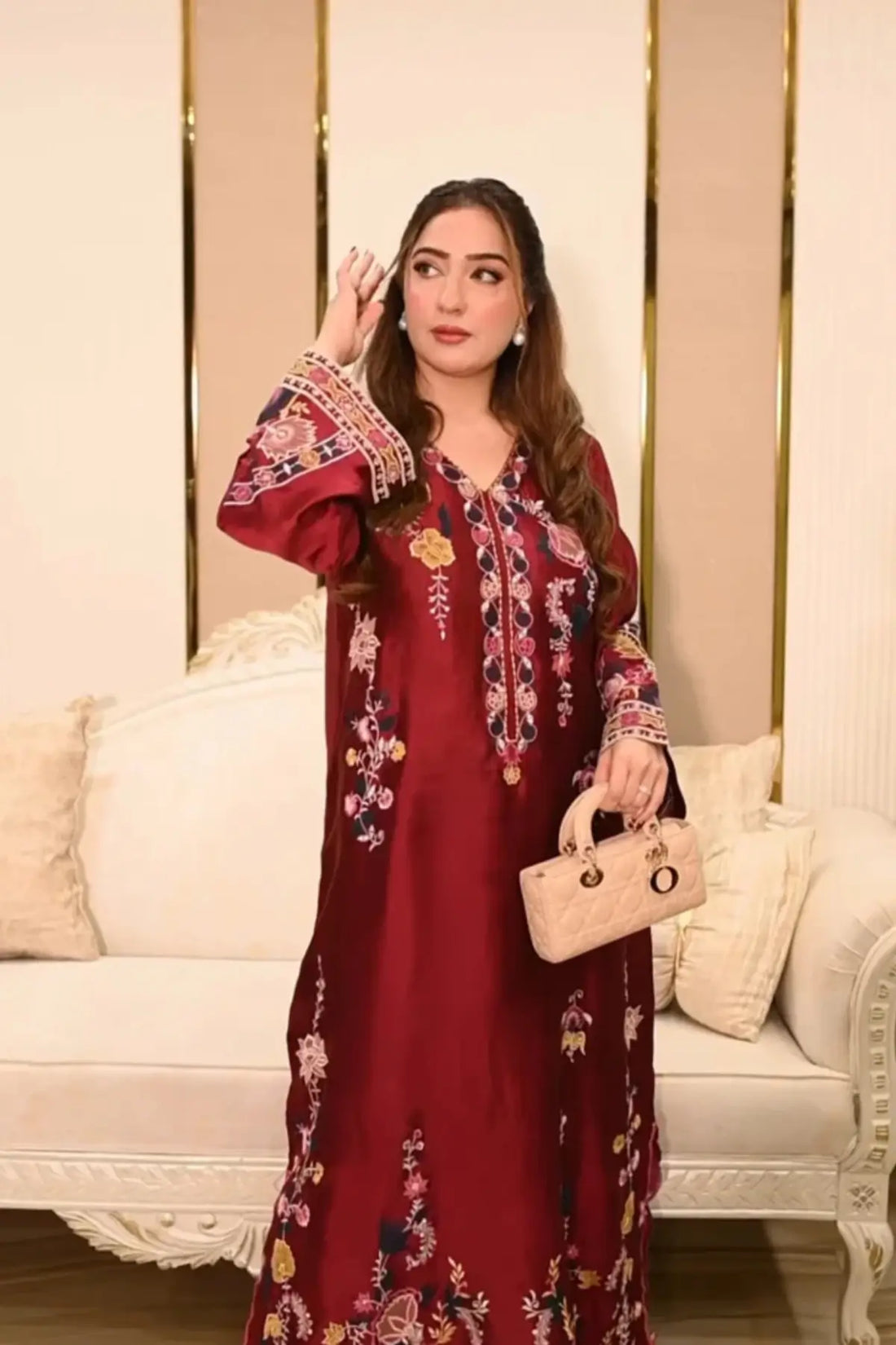 Maroon Mehmal designer kaftan in sheesha silk with 3D floral embellishment detail