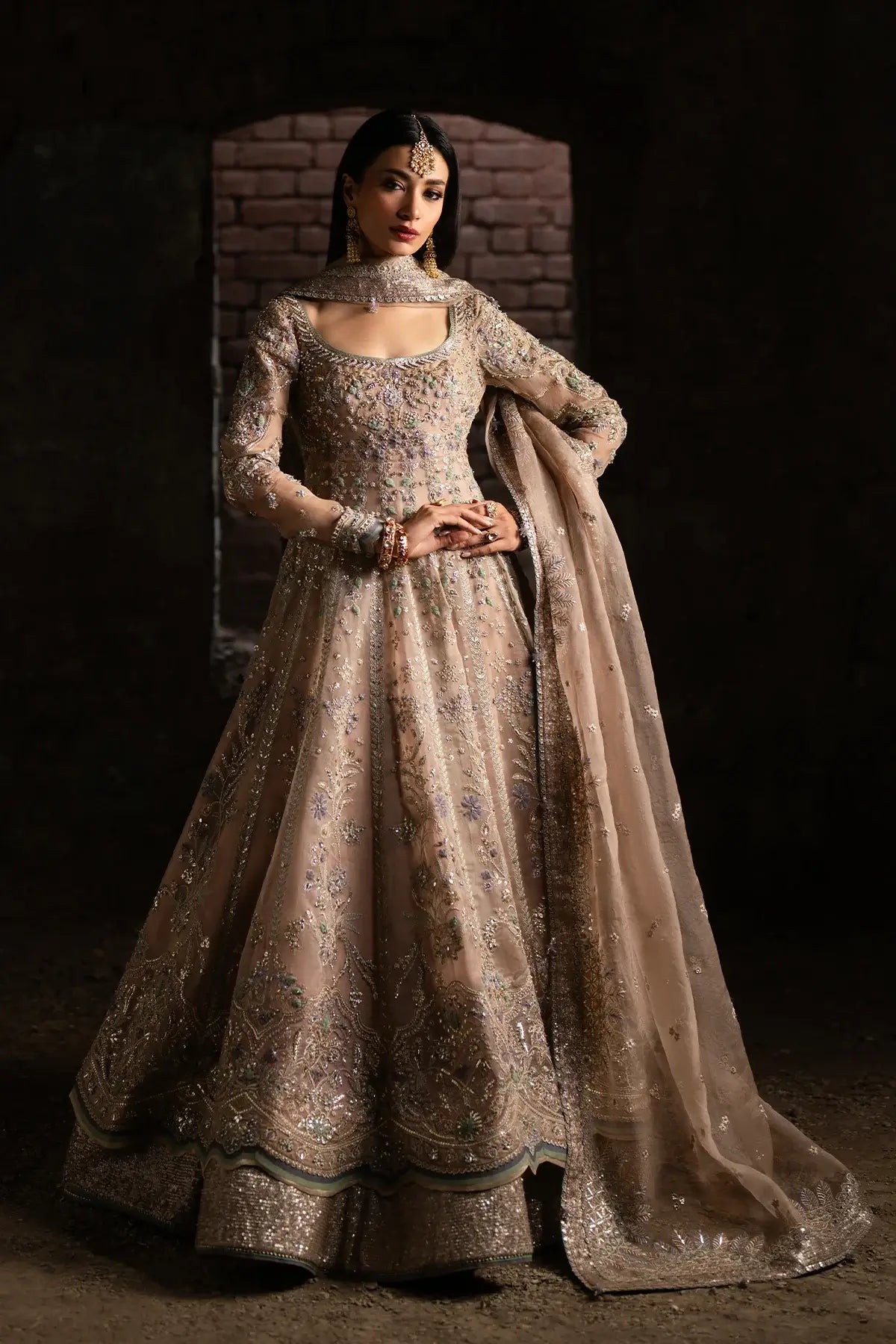 Mehmal by Nyra champagne organza pishwas with embroidered dupatta