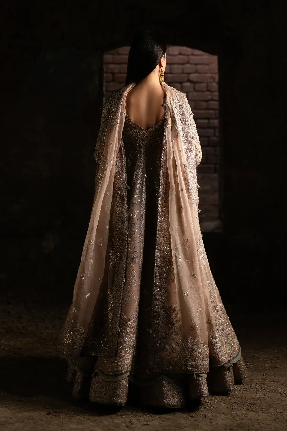 Mehmal by Nyra champagne organza pishwas with embroidered dupatta