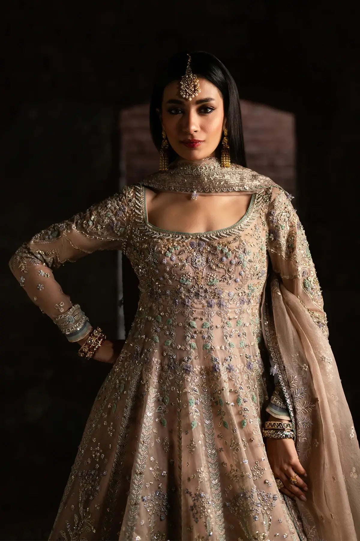 Mehmal by Nyra champagne organza pishwas with embroidered dupatta