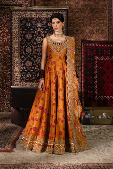 Mehr Kanwal Malik Shehnai rust floral Korean Pishwas ensemble with organza dupatta and PK churidar