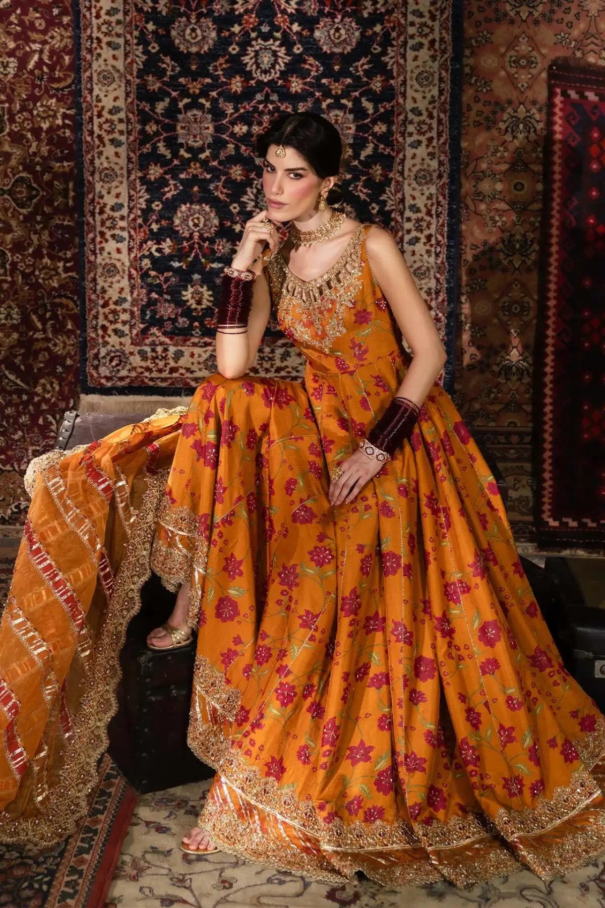 Mehr Kanwal Malik Shehnai rust floral Korean Pishwas ensemble with organza dupatta and PK churidar