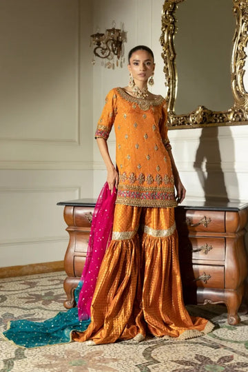 Mehra orange Chunri chiffon stitched Mehndi gharara dress with Zardozi embroidery, Jamawar gharara and organza dupatta