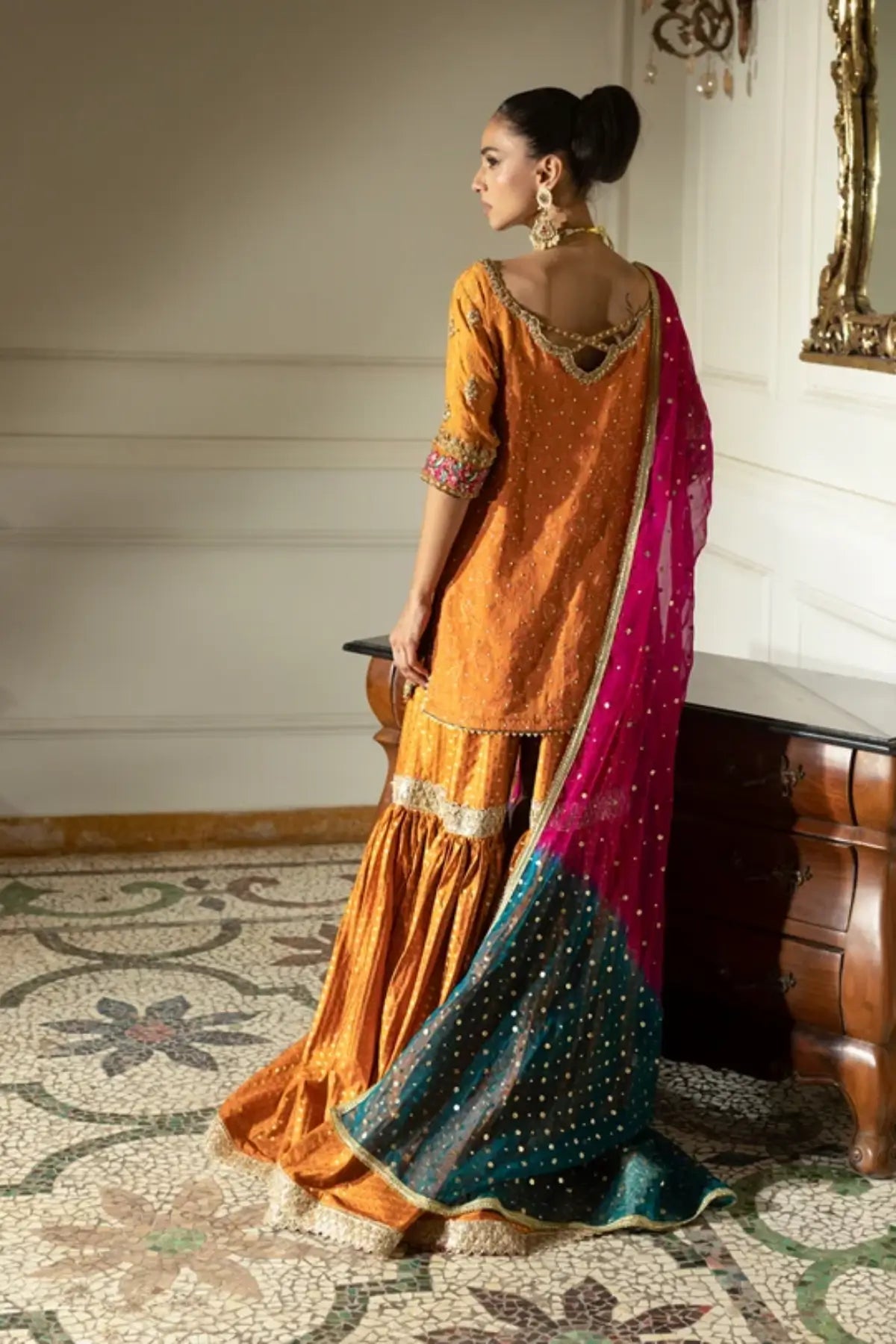 Mehra orange Chunri chiffon stitched Mehndi gharara dress with Zardozi embroidery, Jamawar gharara and organza dupatta