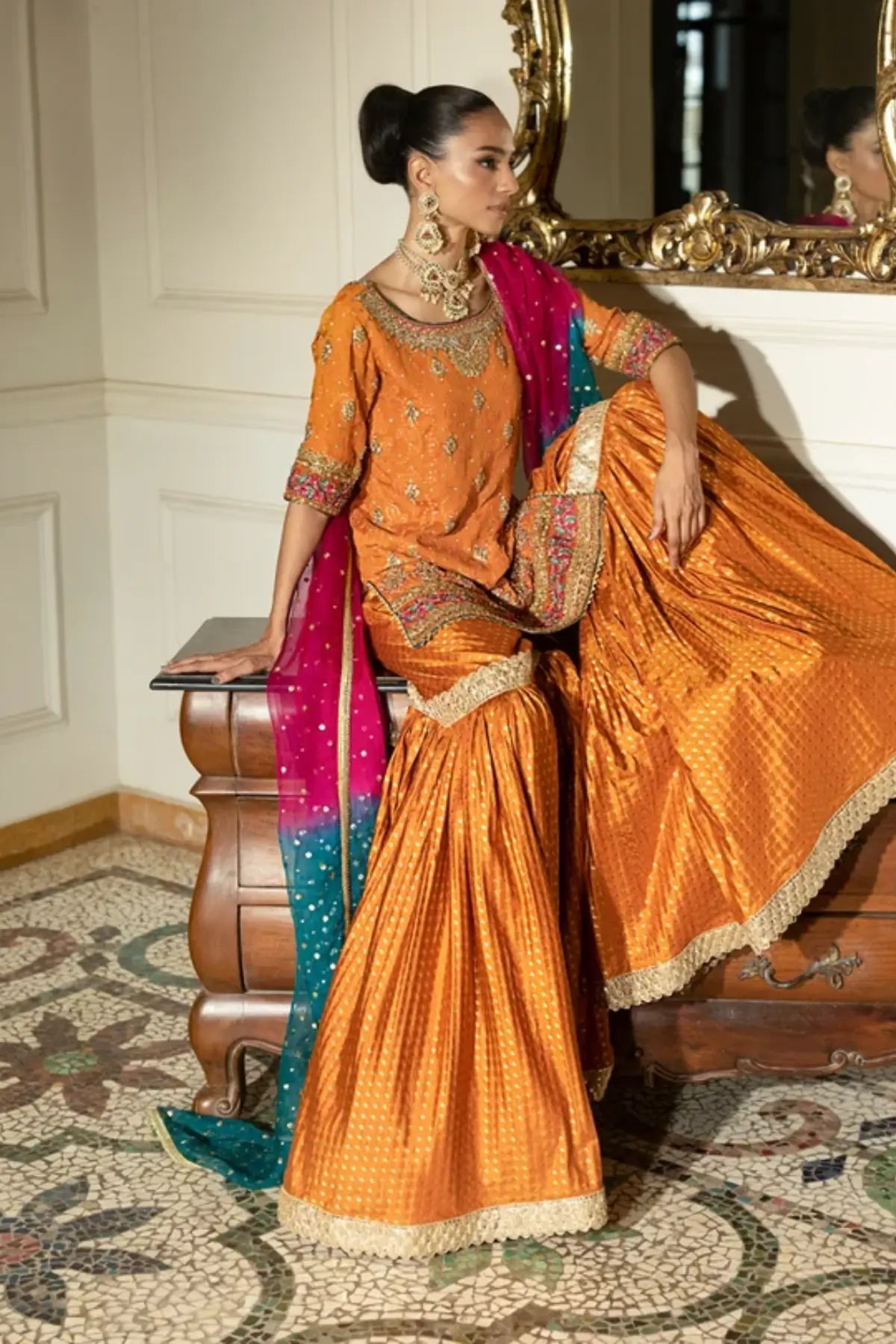 Mehra orange Chunri chiffon stitched Mehndi gharara dress with Zardozi embroidery, Jamawar gharara and organza dupatta