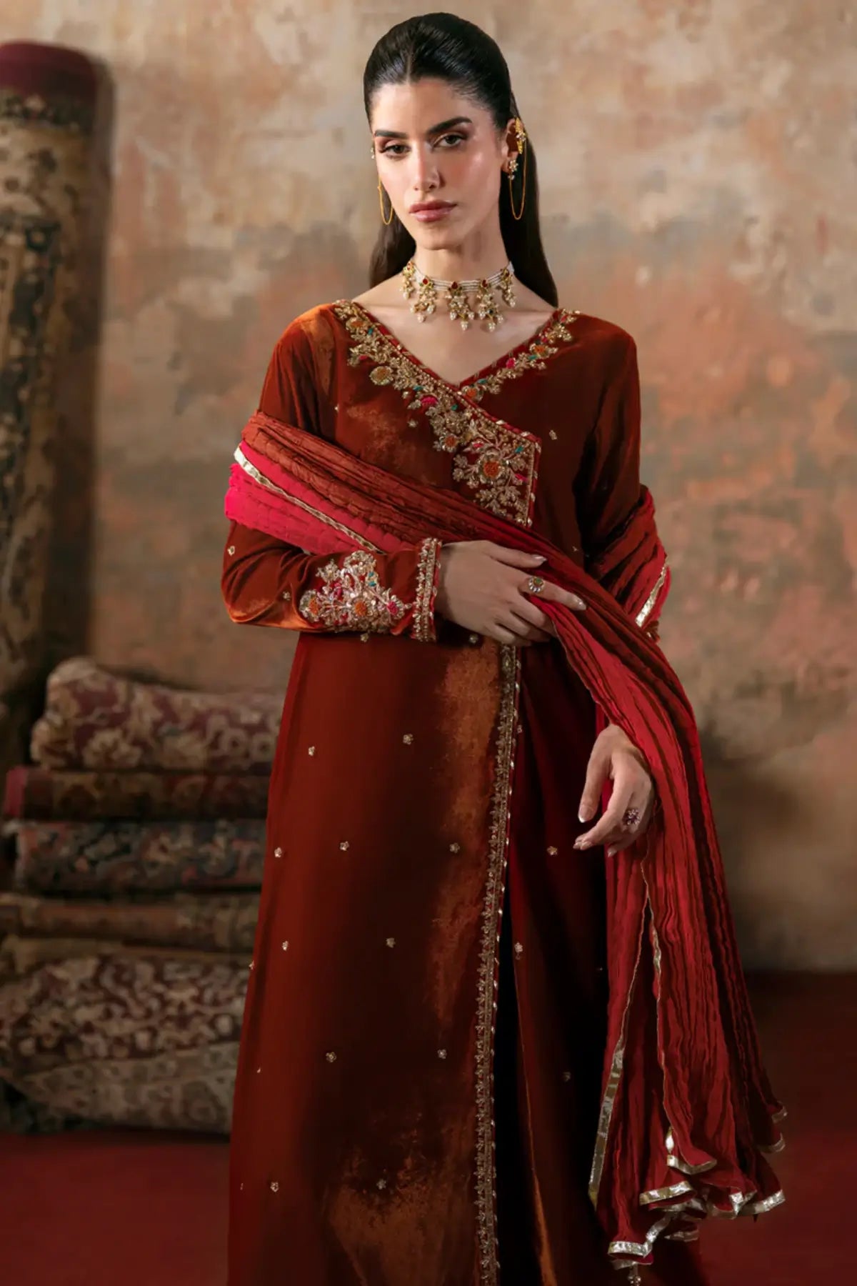 Mehri Maya Pret burnt orange velvet Eid outfit 2026 stitched festive wear.