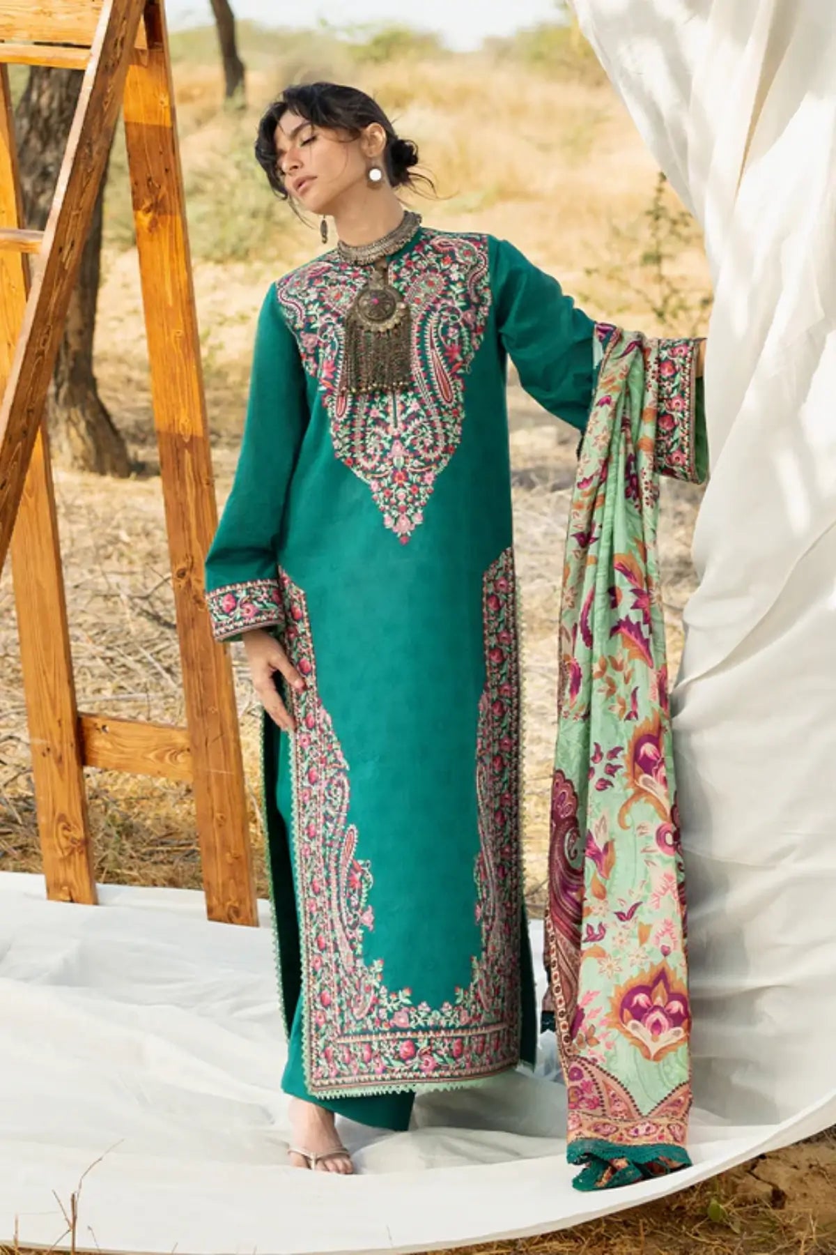 Zainab Chottani Mehri teal chikankari stitched lawn 3PC with silk dupatta